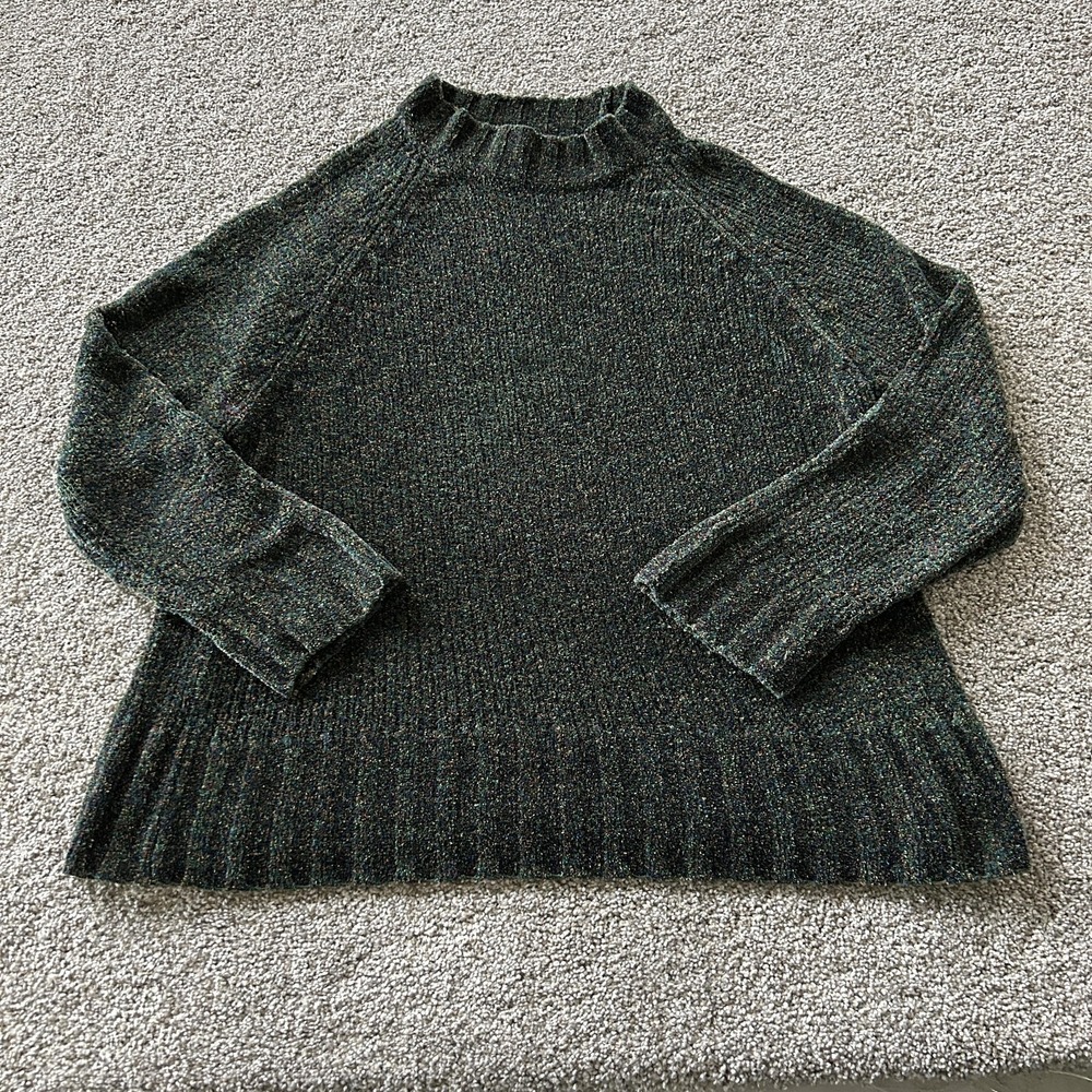 Basic Editions Sweater Womens L Green Mock Neck Raglan Long Sleeve Knit Pullover